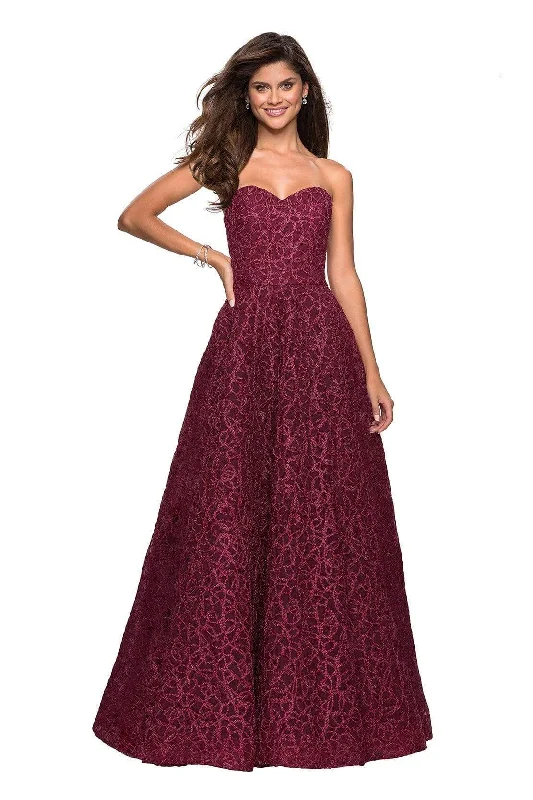Everyday Basics La Femme - Strapless Sweetheart Bodice Metallic Lace Gown 27063SC - 1 pc Burgundy In Size 10 Available Everyday Basics La Femme - Strapless Sweetheart Bodice Metallic Lace Gown 27063SC - 1 pc Burgundy In Size 10 Available