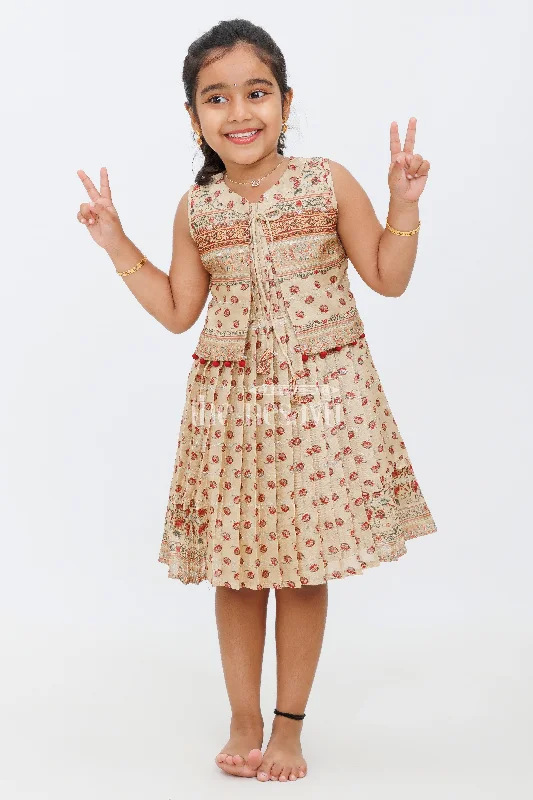 Sale Clearance Cream SemiSilk Cotton Frock with Designer Print and Jacket for Girls Sale Clearance Cream SemiSilk Cotton Frock with Designer Print and Jacket for Girls