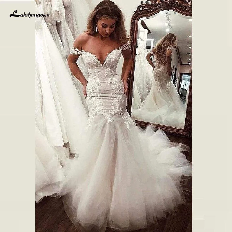 Hot Deals Roycebridal Tulle with Illusion Lace Bodice Sexy Mermaid Wedding Dresses