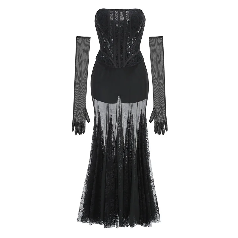 Daily Essentials Sexy Lace Up Strapless Corset Opera Glove Lace Godet Mesh Pant Matching Set Daily Essentials Sexy Lace Up Strapless Corset Opera Glove Lace Godet Mesh Pant Matching Set