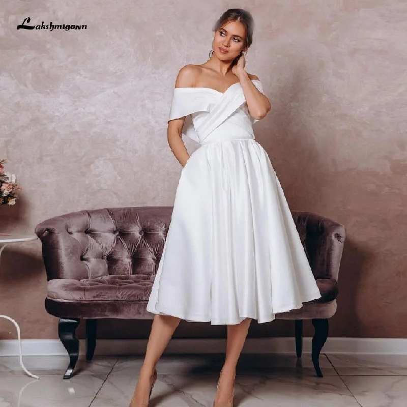 Relaxed Style Roycebridal Simple White Satin Wedding Dress Tea Length