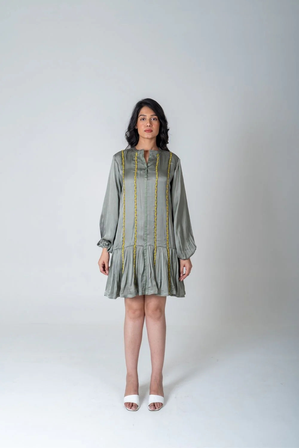Fashionable Women's Wardrobe Green-Yellow Braided Short Gather Dress