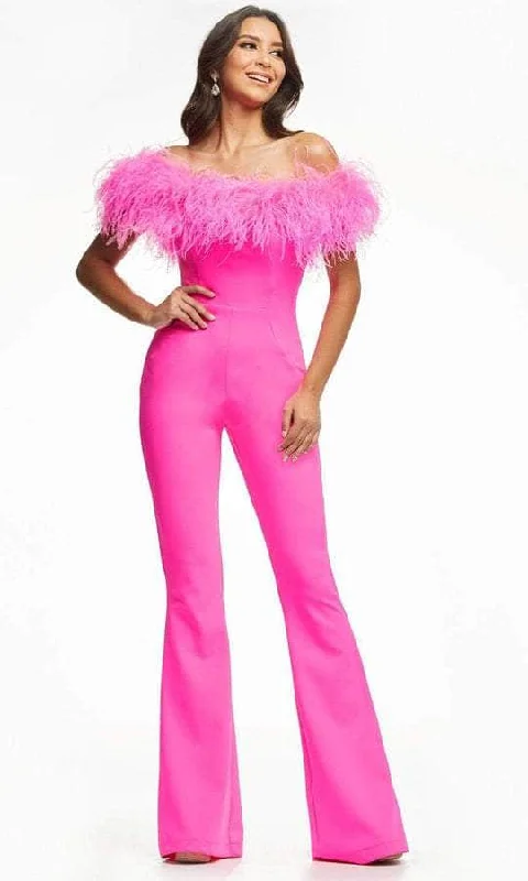 Fashion Essentials Ashley Lauren - 11100 Feather Neck Off Shoulder Jumpsuit - Feather Trimmed Evening Jumpsuit 11100 - 1 pc Hot Pink In Size 8 Available