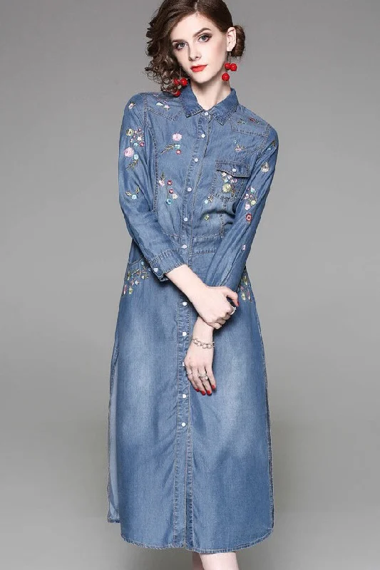 All Season Fashion Collection Denim Dress W/ Floral Embroidery