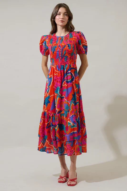 End Of Season Clearance Kahlia Tropics Aruba Smocked Midi Dress