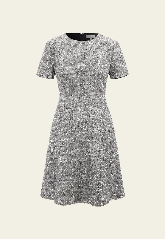 Day-To-Night Styles Silver Lurex Tweed Midi Dress