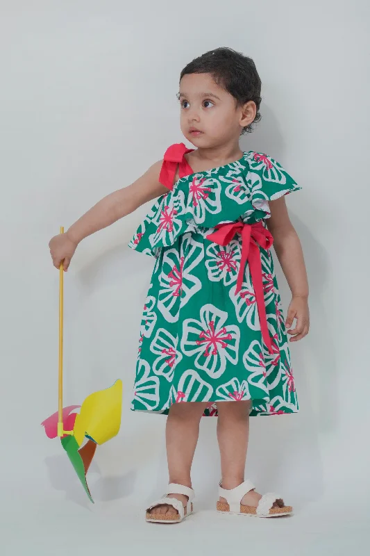 Chic Trend Collection Girls Print Ruffle Dress-Green