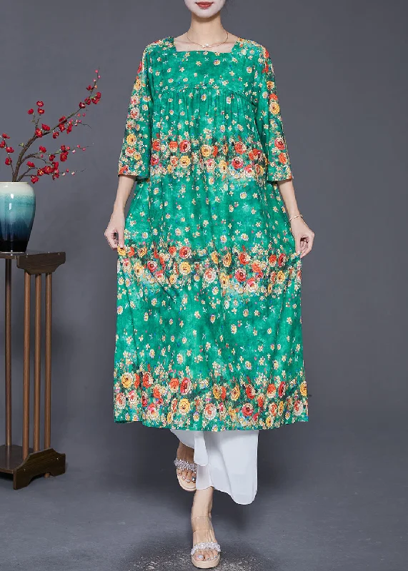 Fashion Essentials Casual Green Square Collar Floral Print Silk Dresses Summer