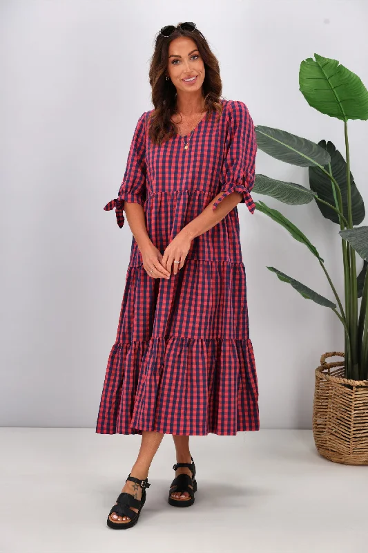 Limited Time Offers Silver Wishes Gingham Tier Midi Dress Navy Pink