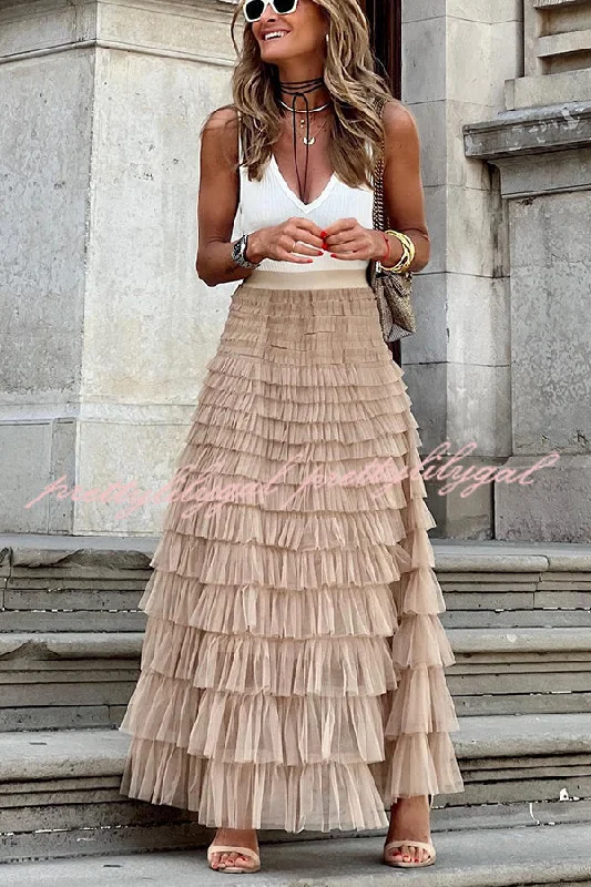 Glamorous Evening Wear Be Your Own City Queen Tiered Elastic Waist Tulle Maxi Skirt