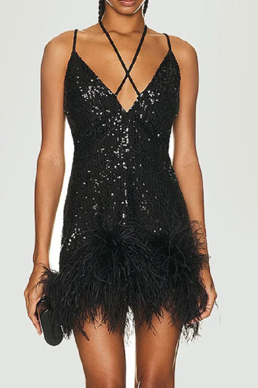 Women's Fashion Clothing Sequined Luxe Lace-Up Feather Hem Mini Dress