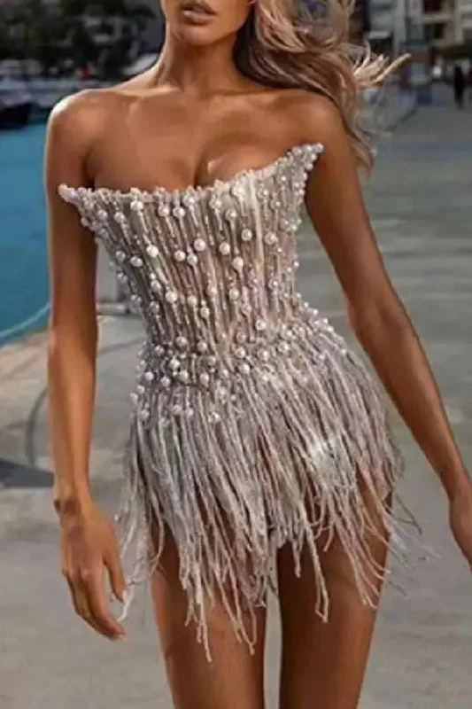 Clearance Sale Sequined & Beaded Decor Romantic Tassel Mini Dress