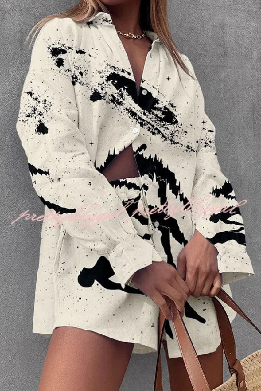 Women's Clothing Boutique Amazing Strange Planet Print Pocket Button Lace Up Shorts Set Women's Clothing Boutique Amazing Strange Planet Print Pocket Button Lace Up Shorts Set