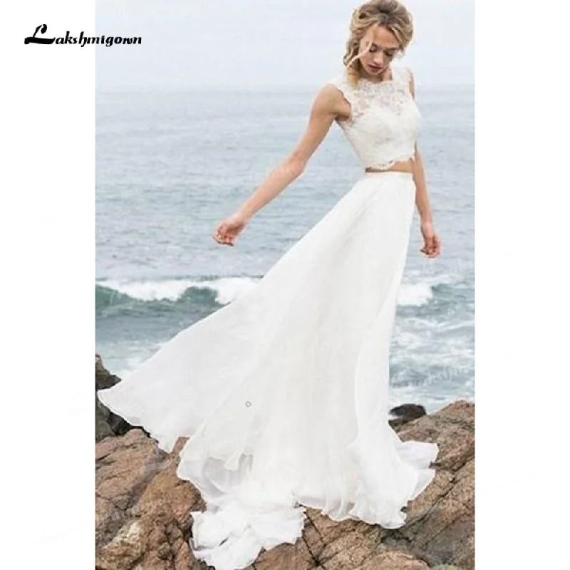 Best Sellers Roycebridal Two Piece Chiffon A-Line Boho Wedding Dresses O-Neck Cap Short Sleeve Sweep/Brush Train Bride Gowns Appliques Pleats Lace Simple