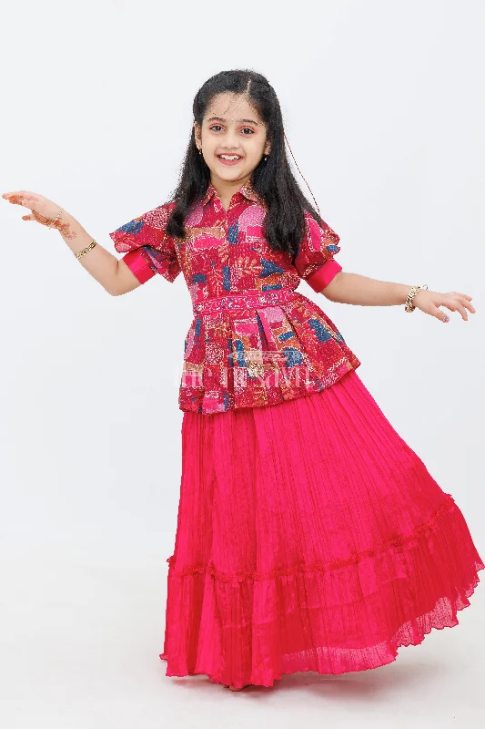 Premium Fabrics Magenta Chinon Silk Printed TwoPiece Look Party Gown for Girls
