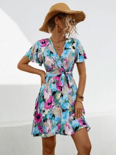 Flash Sale Now Printed Surplice Tie Waist Mini Dress