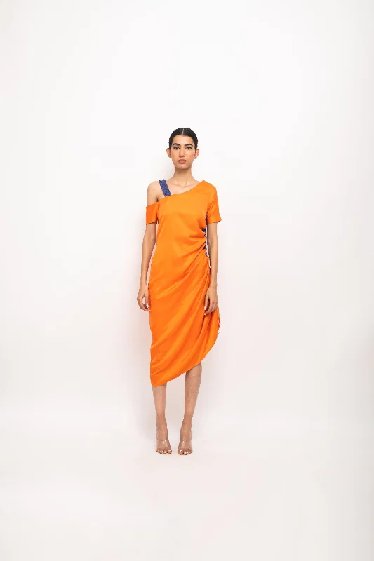 Women's Charming Outfit For Events Orange-Blue Rouching Dress