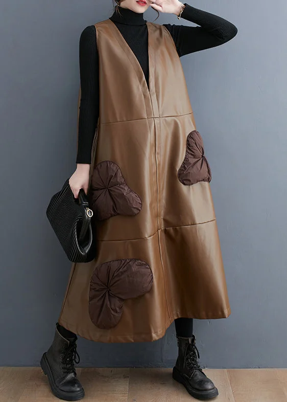 Best Online Clothing Boutiques Khaki Stereoscopic Floral Faux Leather Maxi Dresses V Neck Sleeveless Best Online Clothing Boutiques Khaki Stereoscopic Floral Faux Leather Maxi Dresses V Neck Sleeveless