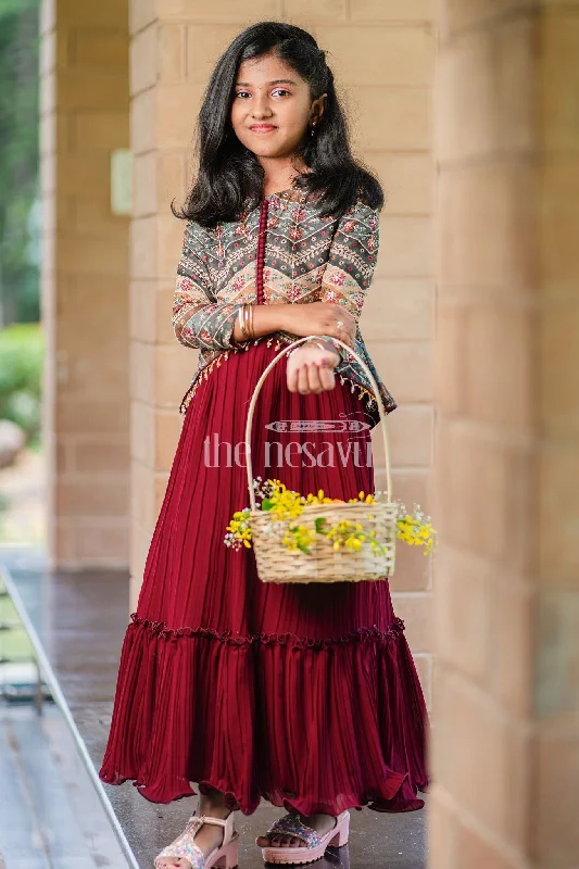 Imeless Style Girls Maroon Lehenga Set with Embroidered Green Jacket and Pleated Skirt for Festive Occasions Imeless Style Girls Maroon Lehenga Set with Embroidered Green Jacket and Pleated Skirt for Festive Occasions