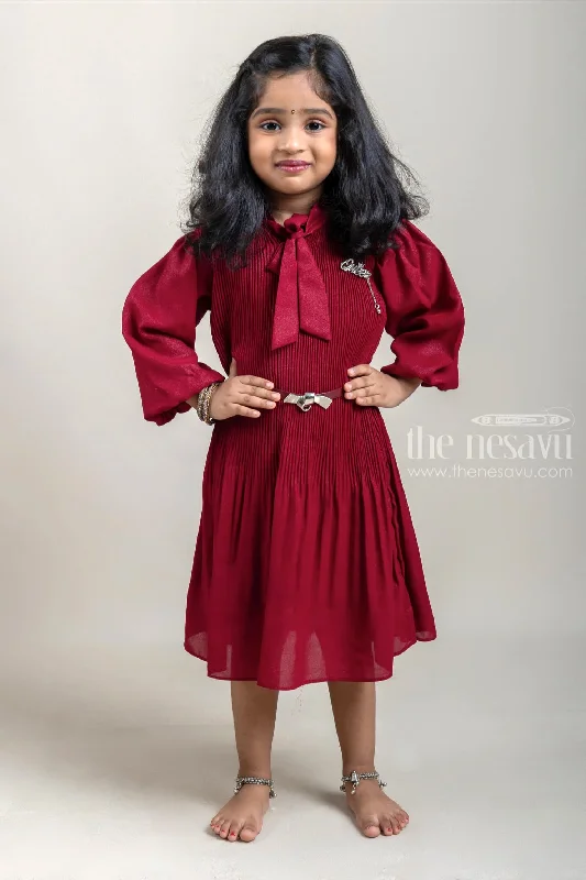 Women's Clothes Small Pleated Maroon Frock with Balloon Sleeves for Baby Girls