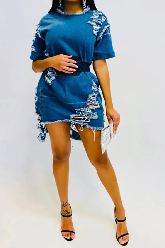 Women’s Evening Wear Ripped Burrs Cool Belted Denim Mini Dress