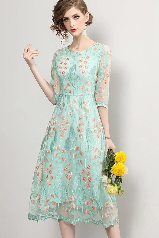 Final Sale Floral Embroidered Dress W/ Lace Hem