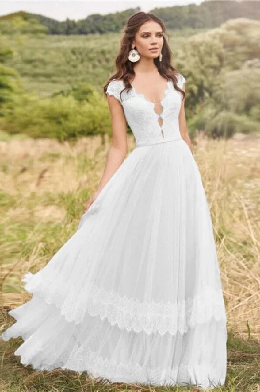 Inspired By You, Designed For You Roycebridal Tulle Lace A-line V-neck Cap Sleeves Rustic Wedding Dresses, Bridal Gown, MW751