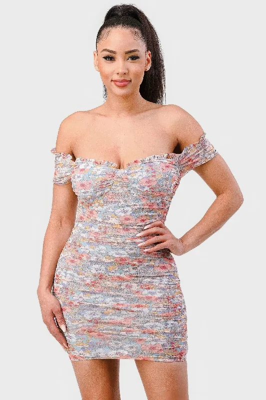 Shop Sales Floral Print Mesh Sweetheart Ruffled Off Shoulder Ruched Mini Dress