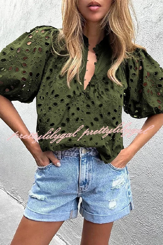 Style Versatile Women's Collection Hollow Embroidered Lace V-neck Buttoned Lantern Sleeve Blouse
