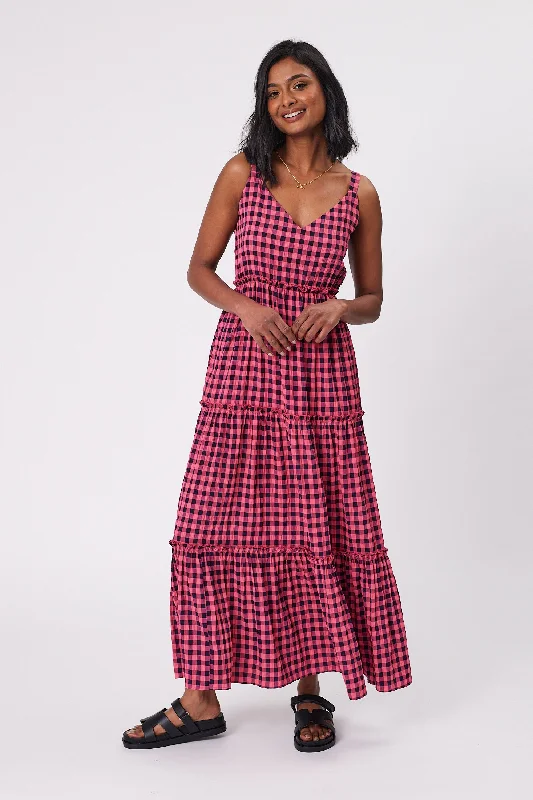 Fashion Essentials Shine On Label Eden Gingham Tiered Maxi Dress Fuchsia Midnight