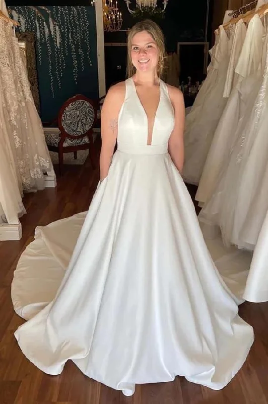 Clothes For Women Roycebridal Ivory Satin Deep V-neck Wedding Dresses With Pockets, Bridal Gowns, MW895 Clothes For Women Roycebridal Ivory Satin Deep V-neck Wedding Dresses With Pockets, Bridal Gowns, MW895