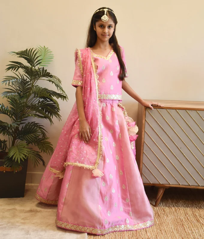 Premium Quality Garments Pre-Order - Pink Chanderi Choli with Lehenga  for Girls