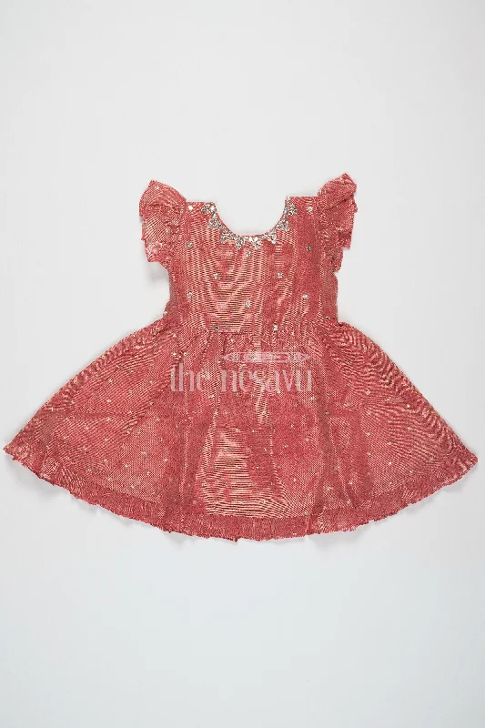 Clothing For Women Brown Chanderi Fancy Frock for Girls with Gold Embroidery and Ruffled Hem Clothing For Women Brown Chanderi Fancy Frock for Girls with Gold Embroidery and Ruffled Hem