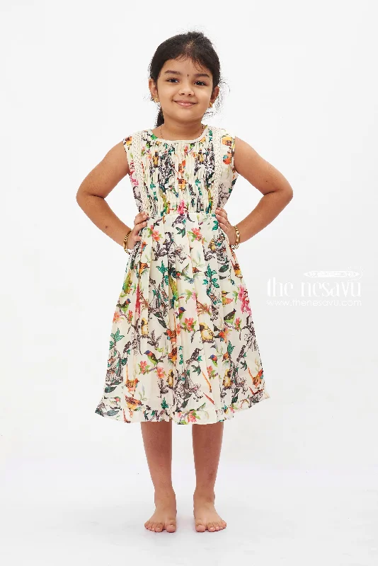 Trendy Styles Aviary Elegance Summer Dress: Girls' Sleeveless Frock with Vivid Bird Print Trendy Styles Aviary Elegance Summer Dress: Girls' Sleeveless Frock with Vivid Bird Print