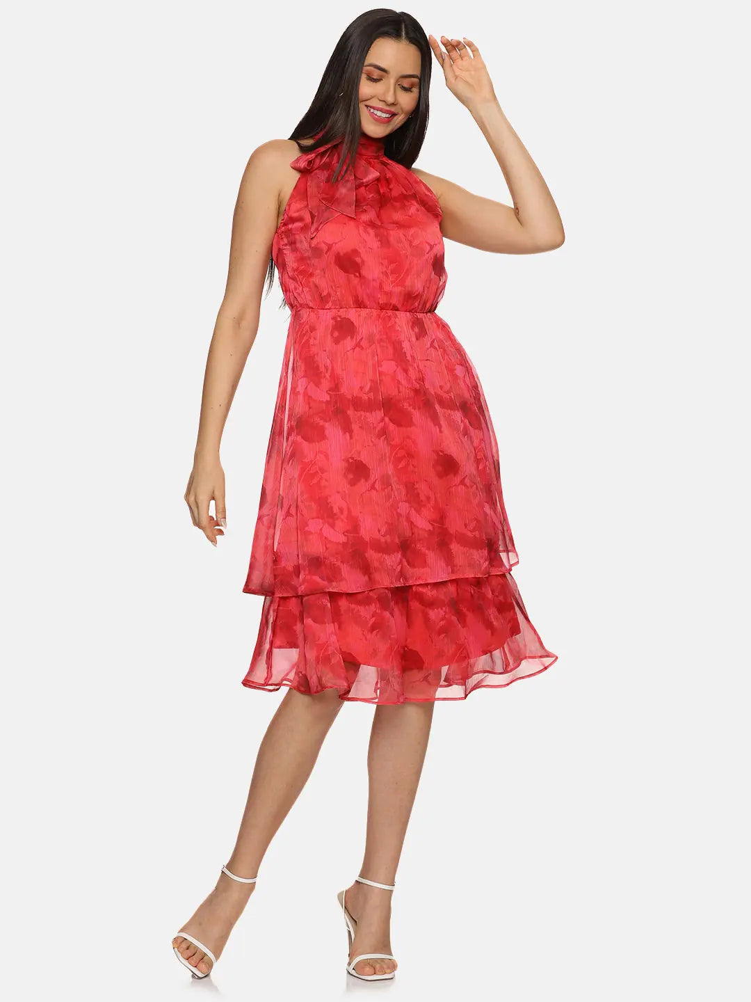 Trendy Street Style Abstract Red Halter Tie Neck Midi Dress