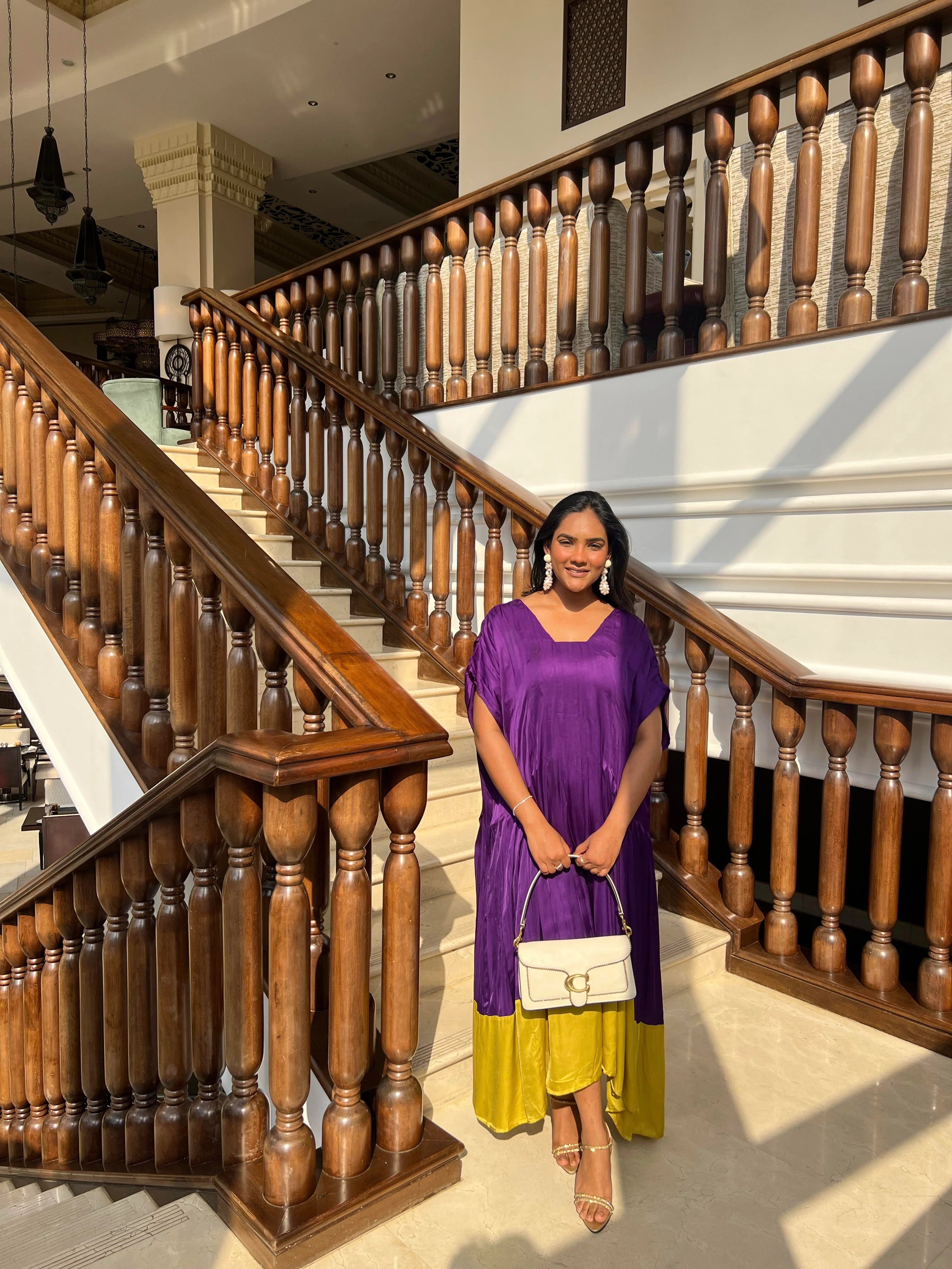 Women's Tailored Outfit Purple-Yellow Color-Blocked Dress