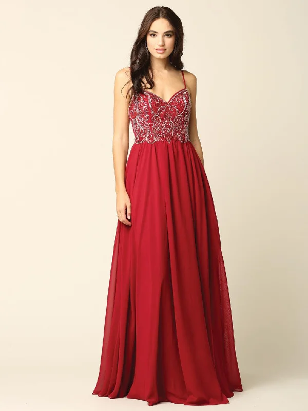 Limited Edition Long Spaghetti Strap Beaded Formal Chiffon Dress