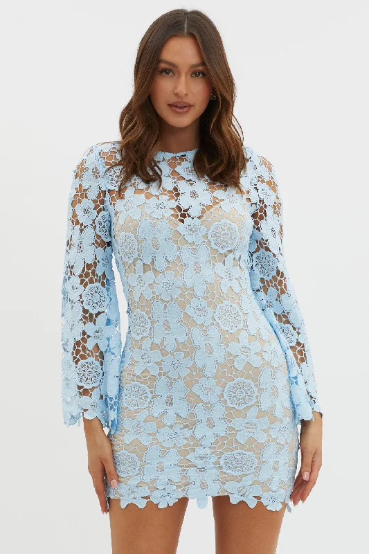 Clearance Event Reinhart Flared Sleeve Crochet Lace Dress Baby Blue