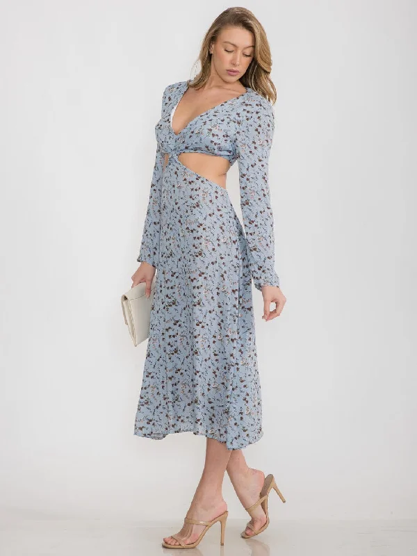 Limited Time Special Offer WOMEN'S LONG SLEEVE OPEN BACK V-NECK CUT OUT FLORAL MAXI DRESS