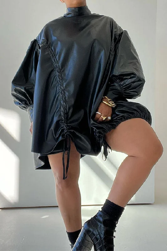 Fashion Essentials Solid Color PU Gothic Drawstring Baggy Mini Dress