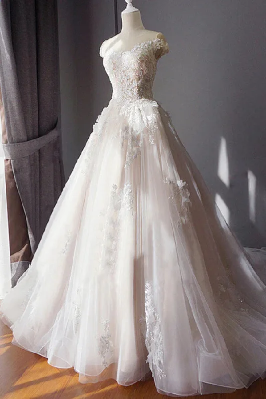 Exclusive Sale Roycebridal Tulle Ball Gown Off-the-Shoulder Beaded Lace Appliques Wedding Dresses, MW799