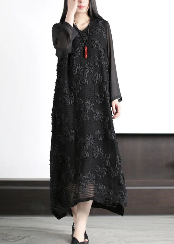 Sale For Women Italian Black V Neck Floral Hollow Out Patchwork Cotton Dress Long Sleeve Sale For Women Italian Black V Neck Floral Hollow Out Patchwork Cotton Dress Long Sleeve