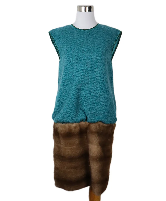 Fashion Forward Femme Missoni Teal Wool & Brown Mink Dress sz 6