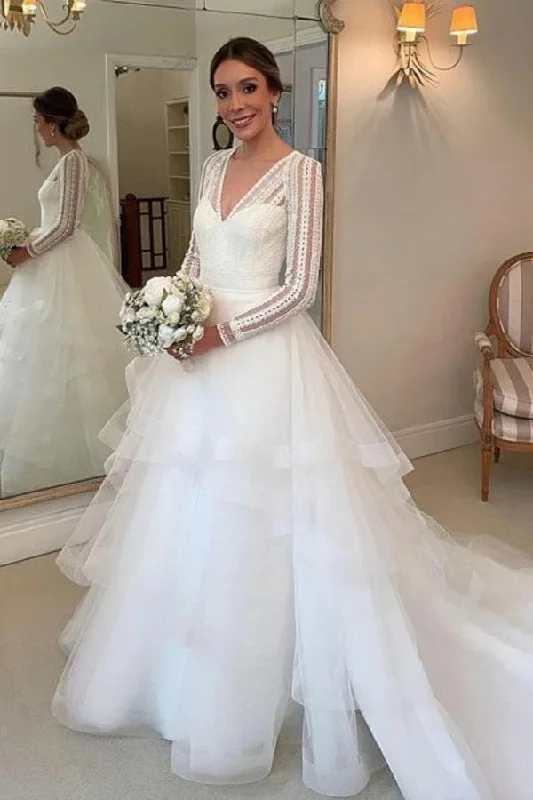 Fashion Sale Roycebridal Layered Tulle Ball Gown Lace V-neck Long Sleeves Wedding Dresses, MW985 Fashion Sale Roycebridal Layered Tulle Ball Gown Lace V-neck Long Sleeves Wedding Dresses, MW985