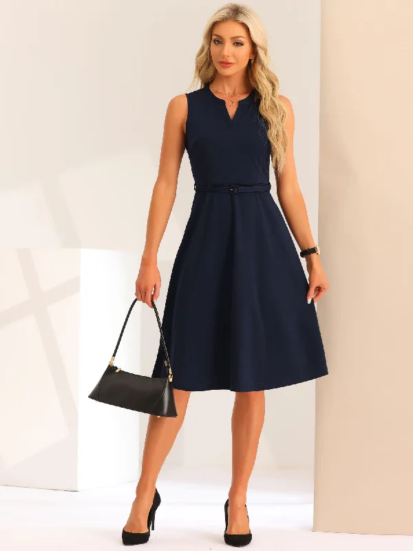Summer Deals Notch Neck Belted Sleeveless Work Office A-Line Midi Dress