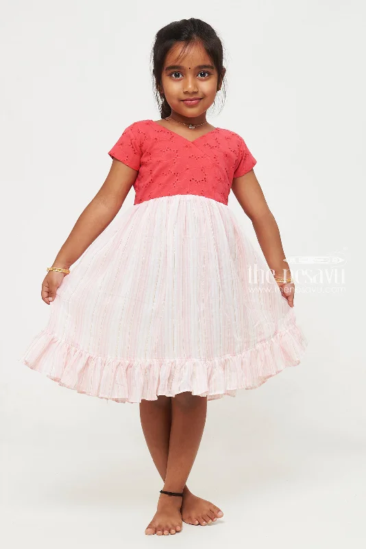 Hot Styles Red and Pink Cotton Hakoba Yoke Casual Frock for Girls