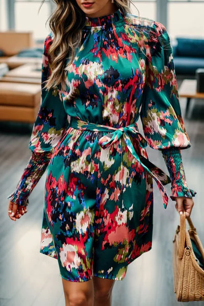 Shop Ladies Clothes Printed Tied Lantern Sleeve Mini Dress