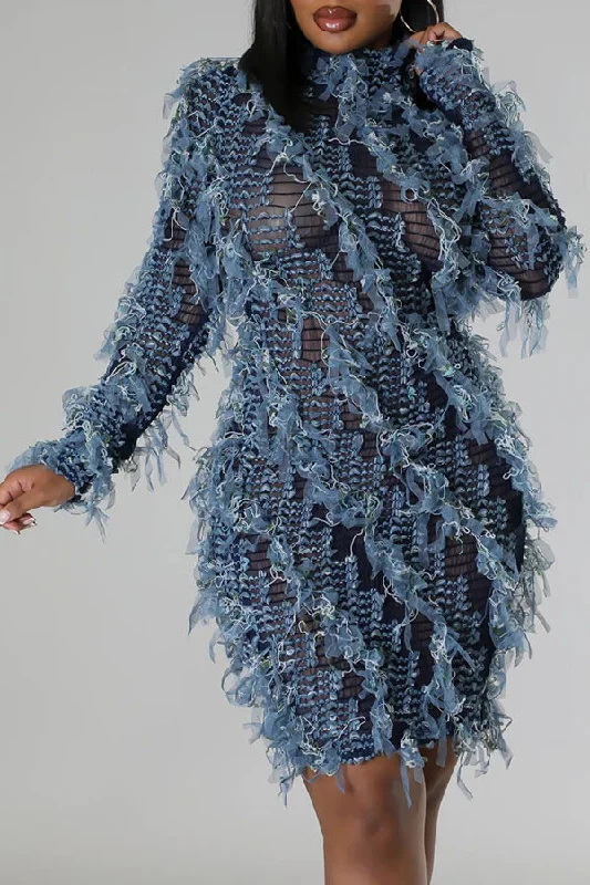 Relaxed Style Strap Shirred Tassel Whimsical See-Through Mini Dress