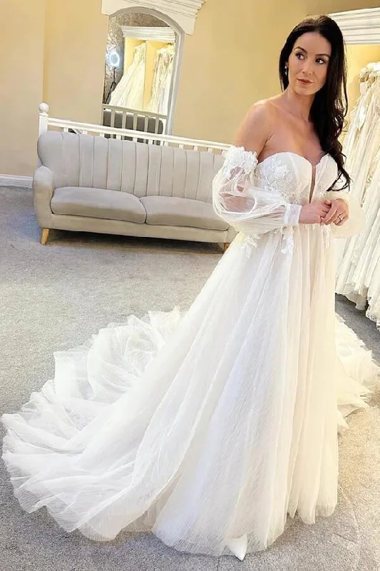 Trendy Women’s Outfits for Casual Wear Roycebridal Tulle A-line Sweetheart Neck Wedding Dresses With Balloon Sleeves, MW949 Trendy Women’s Outfits for Casual Wear Roycebridal Tulle A-line Sweetheart Neck Wedding Dresses With Balloon Sleeves, MW949