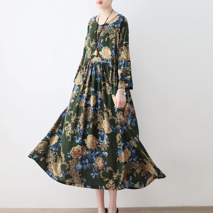 Comfortable Women’s Outfits 2024 fall green floral tunic linen dresses long cotton maxi dress gown Comfortable Women’s Outfits 2024 fall green floral tunic linen dresses long cotton maxi dress gown